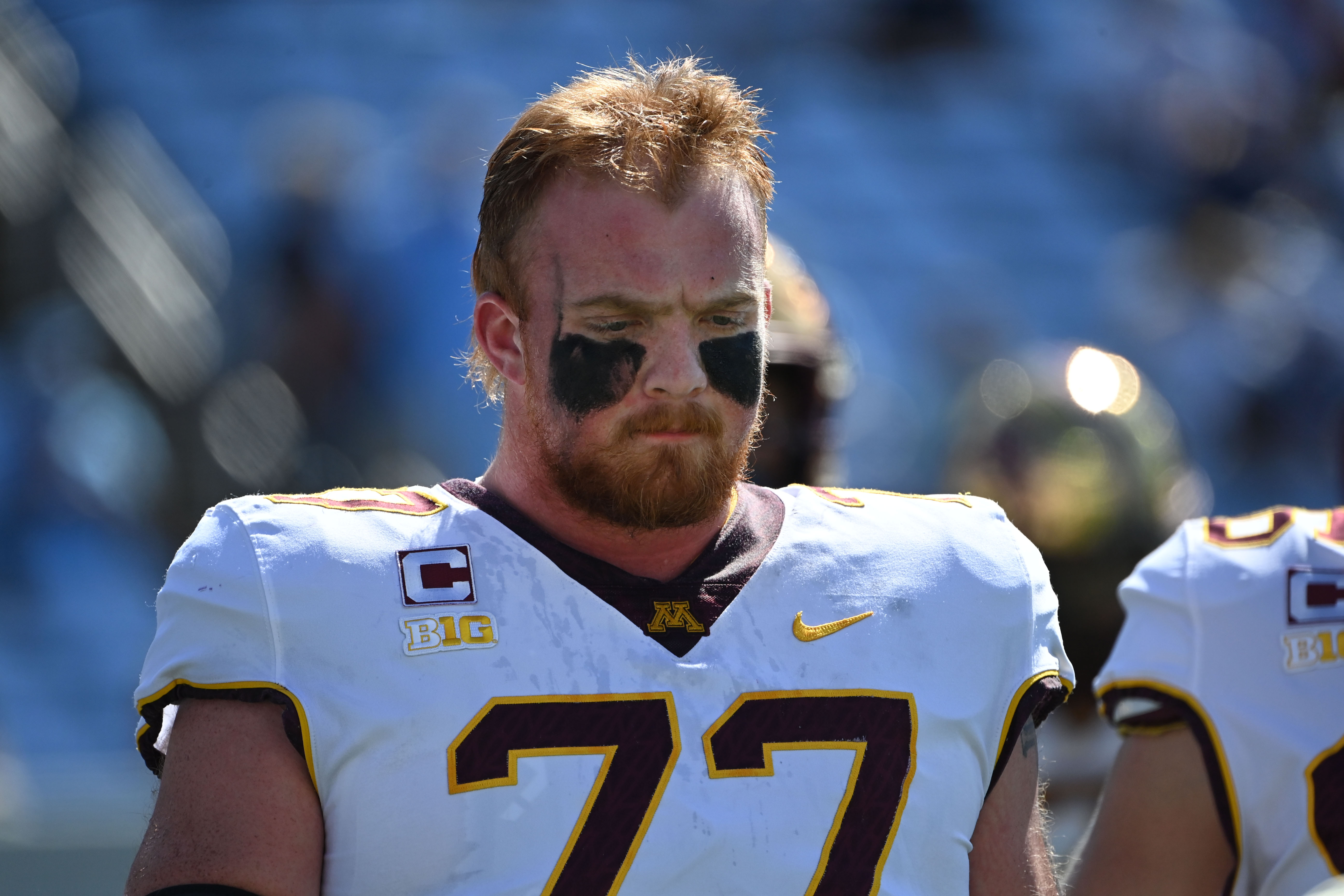 Sep 16, 2023; Chapel Hill, North Carolina, USA; Minnesota Golden Gophers offensive lineman Quinn Carroll (77) on the field before the game at Kenan Memorial Stadium.
